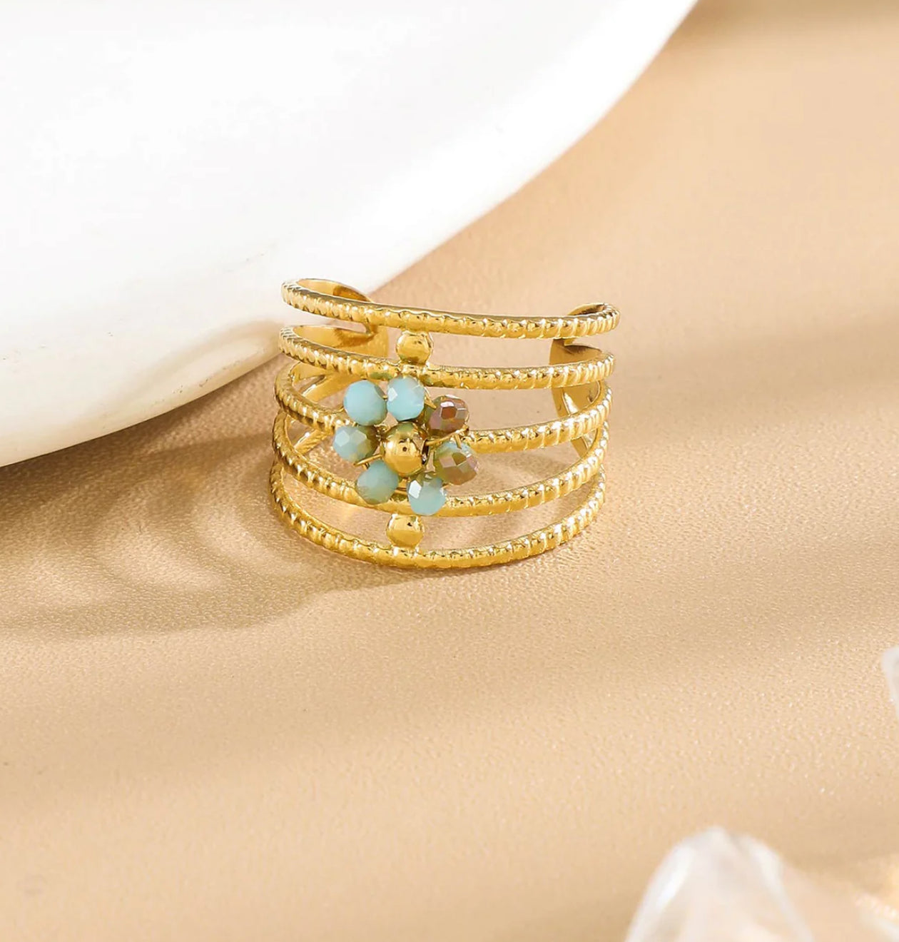 Bague dorée Multi Anneaux Torsadés Floral Avec Cristaux