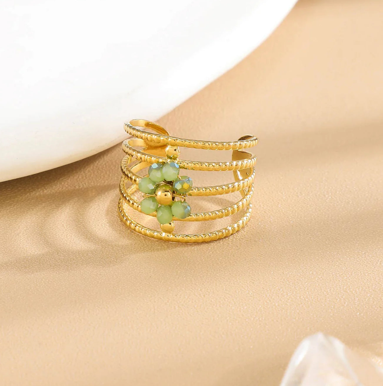 Bague dorée Multi Anneaux Torsadés Floral Avec Cristaux