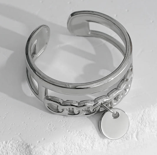 Bague Argentée Ouverte Double Lignes Avec Maillons Entrelacés