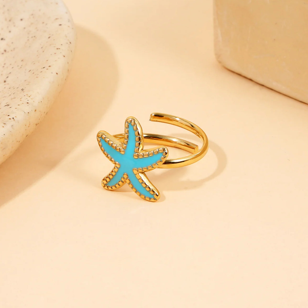 Bague dorée Ajustable Étoile De Mer Bleu Céleste