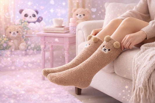 Chaussettes Doudou Kawaii Pilou-Pilou (Chat Noir / Ours Beige) – Modèles Craquants Ultra-Doux !