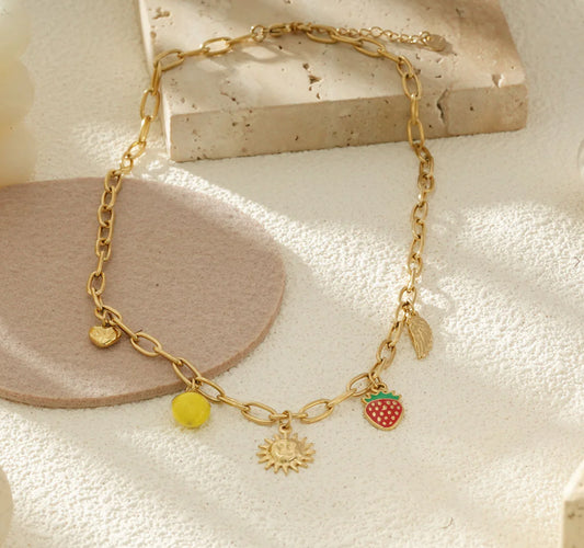 Collier Chaßne Dorée Avec Charms Fruités Et Soleil