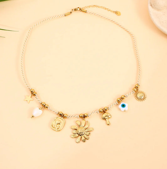 Collier Tressé Doré Charms Spirituel, Solaire Et Fleur