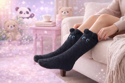 Chaussettes Doudou Kawaii Pilou-Pilou (Chat Noir / Ours Beige) – Modèles Craquants Ultra-Doux !