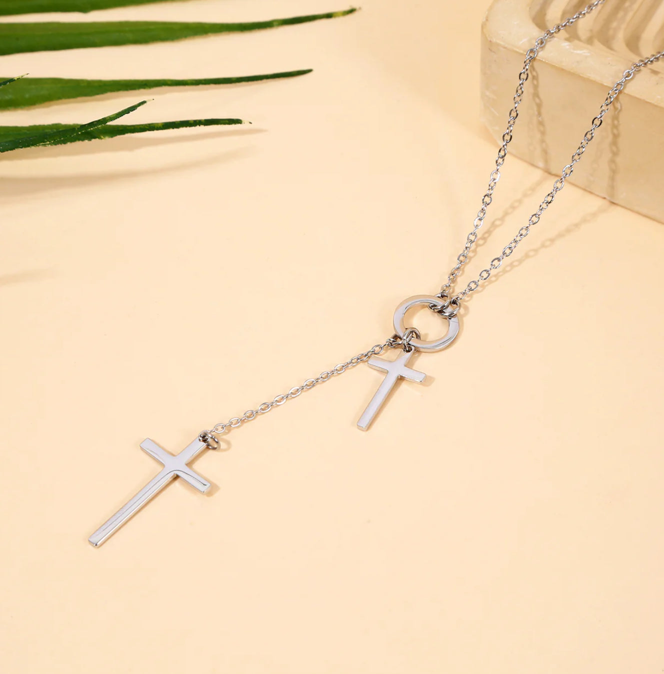 Collier Chaîne Y Argentée Double Croix Spirituelle