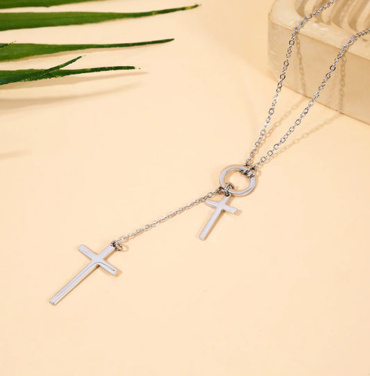 Collier Chaîne Y Argentée Double Croix Spirituelle