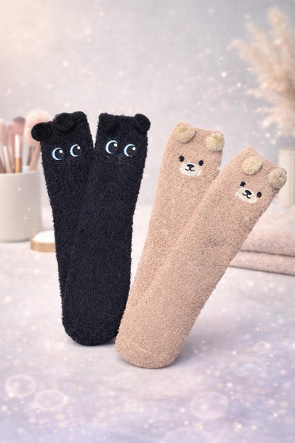 Chaussettes Doudou Kawaii Pilou-Pilou (Chat Noir / Ours Beige) – Modèles Craquants Ultra-Doux !