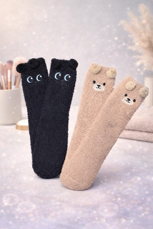 Chaussettes Doudou Kawaii Pilou-Pilou (Chat Noir / Ours Beige) – Modèles Craquants Ultra-Doux !
